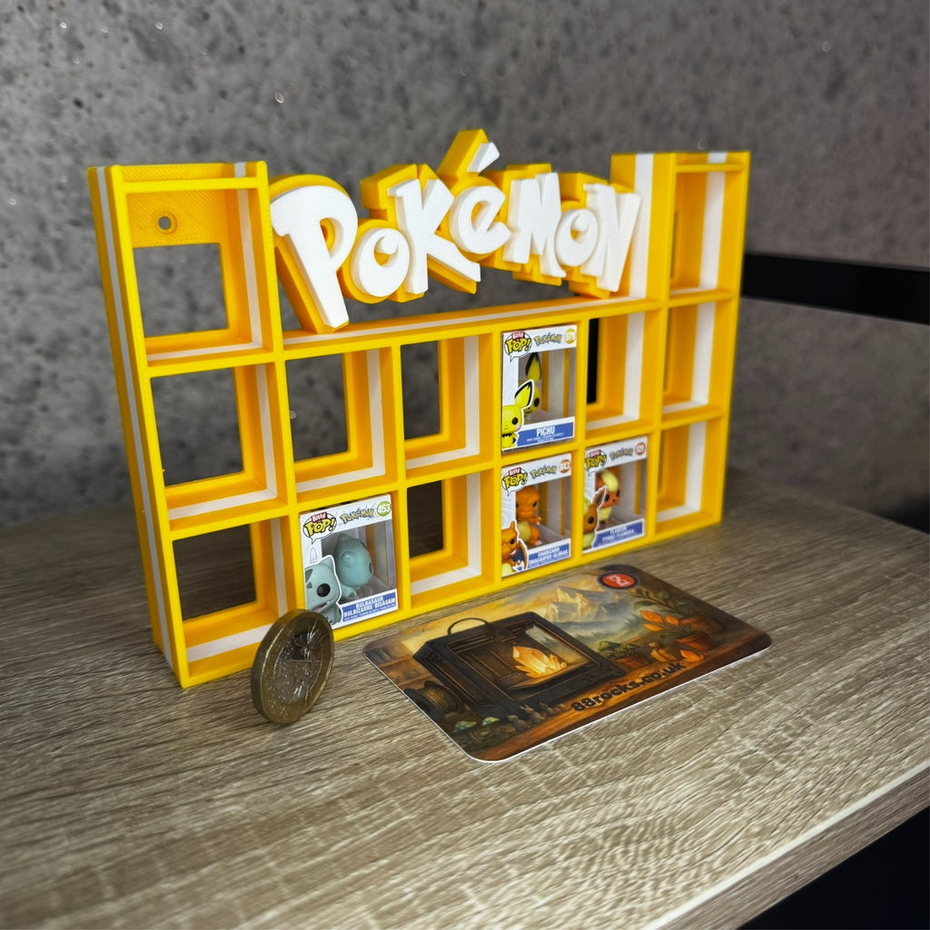 Display Shelf for Bitty Pop Pokemon themed yellow white 16 slots unit