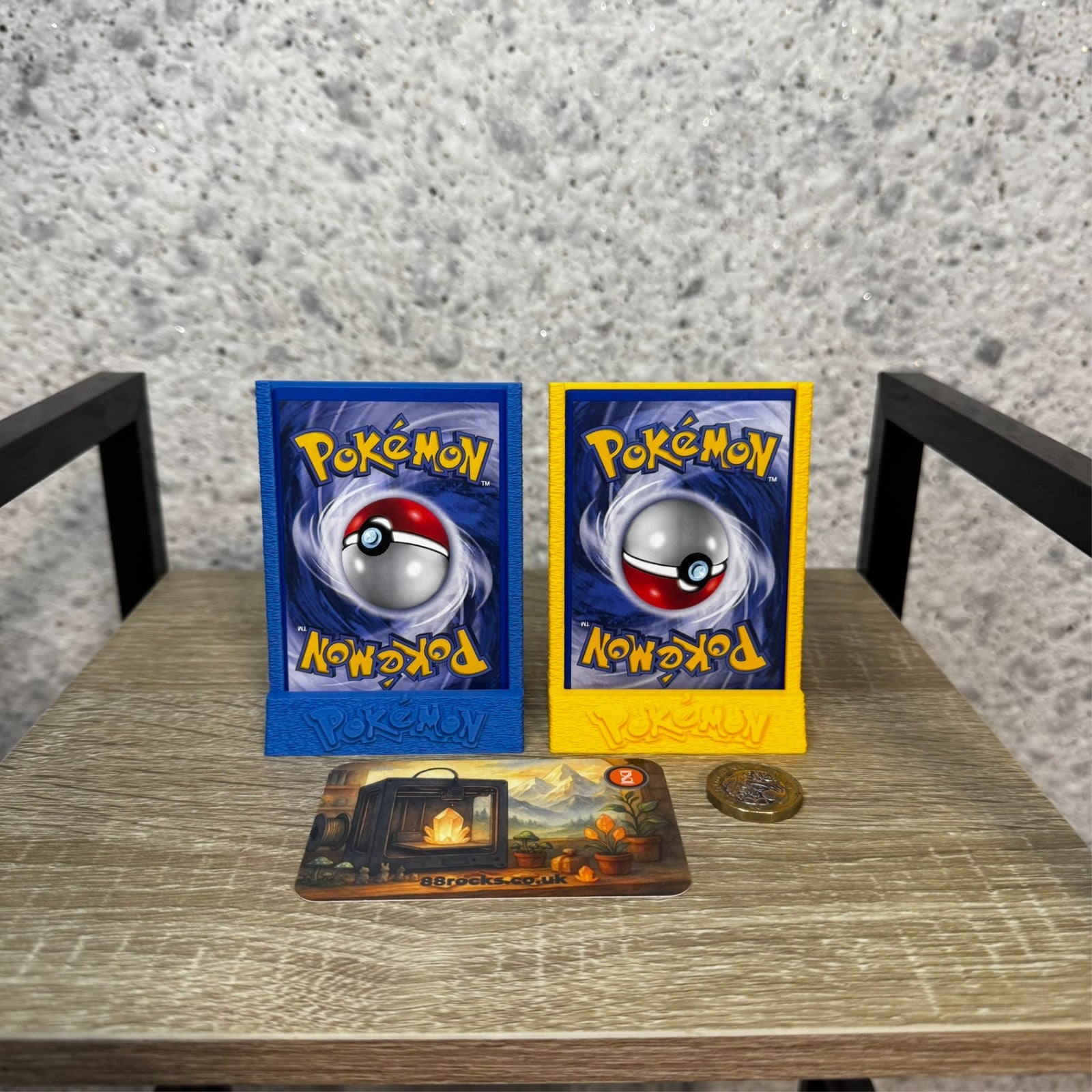 Set of 2 stands for collectible cards pokemon theme blue and yellow