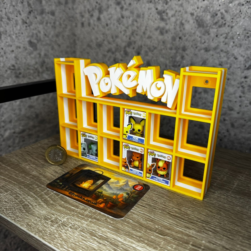 Display Shelf for Bitty Pop Pokemon themed yellow white 16 slots unit