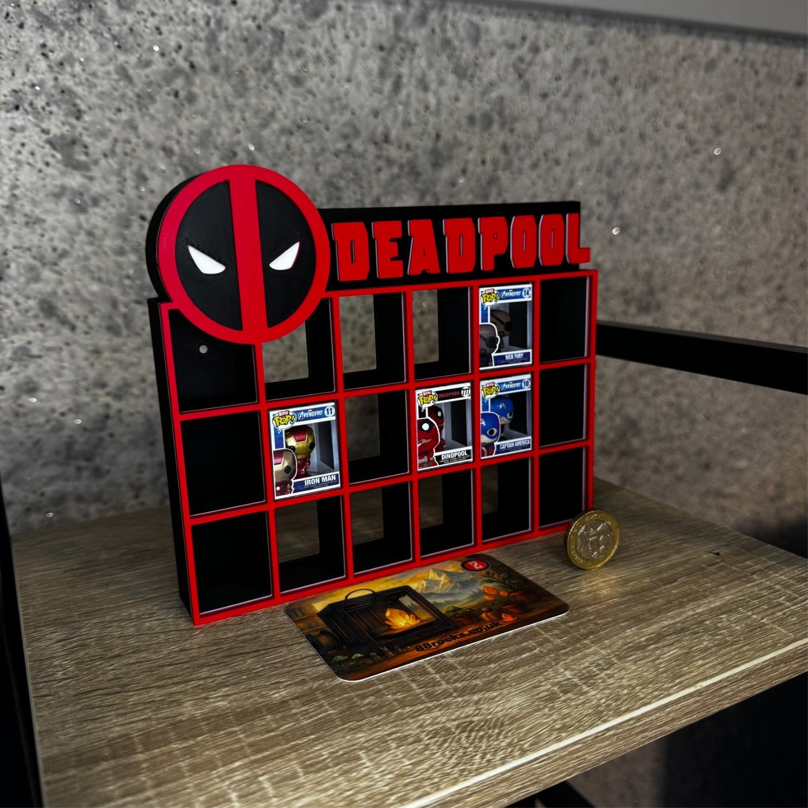 Display Shelf for Bitty Pop mini figures in Deadpool theme 16 slots organizer