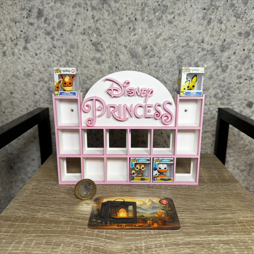 Display Shelf for Bitty Pop mini figures in Disney Princess theme pink white