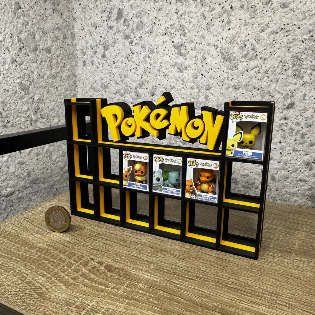 Display Shelf for Bitty Pop Pokemon themed yellow Black 16 slots unit organizer