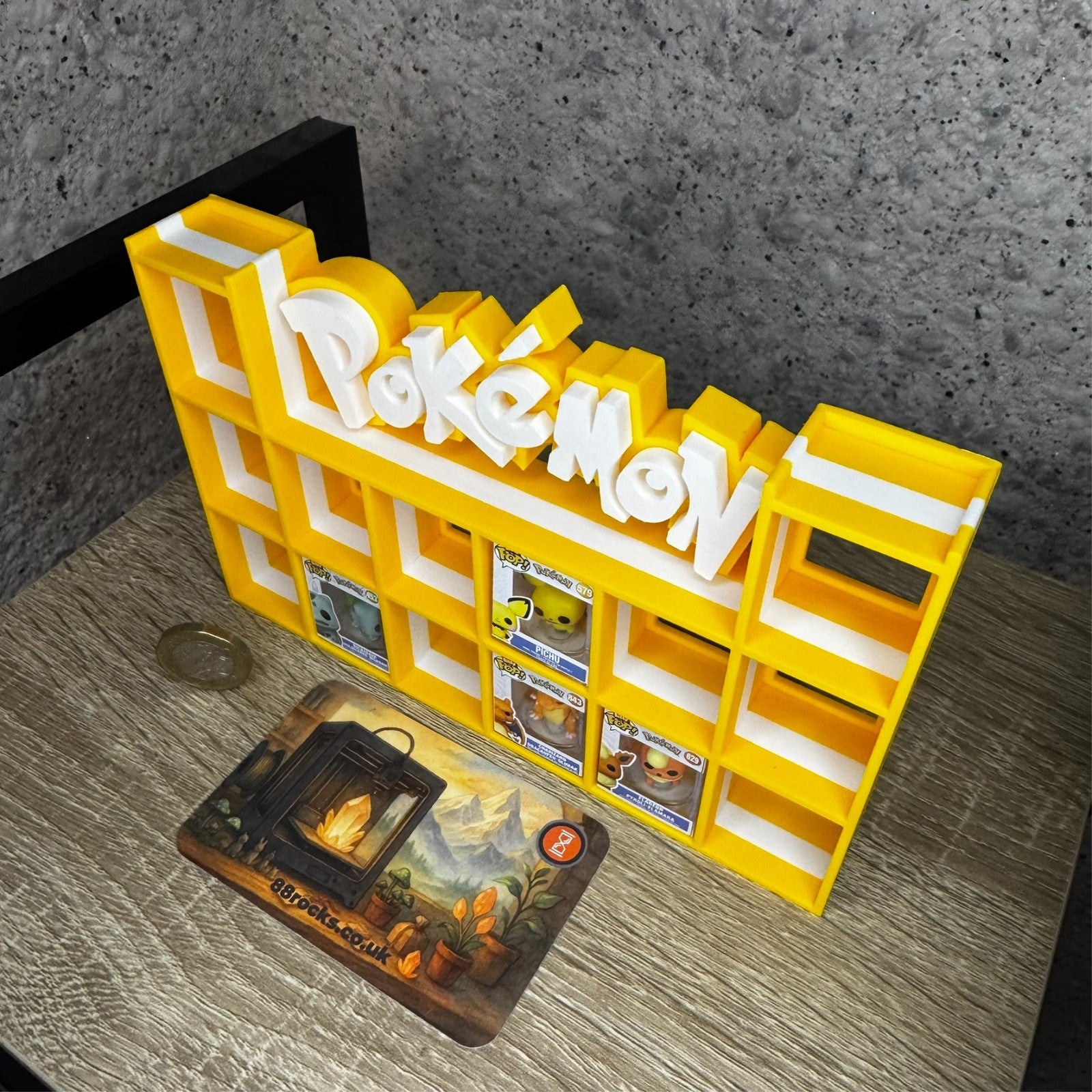 Display Shelf for Bitty Pop Pokemon themed yellow white 16 slots unit