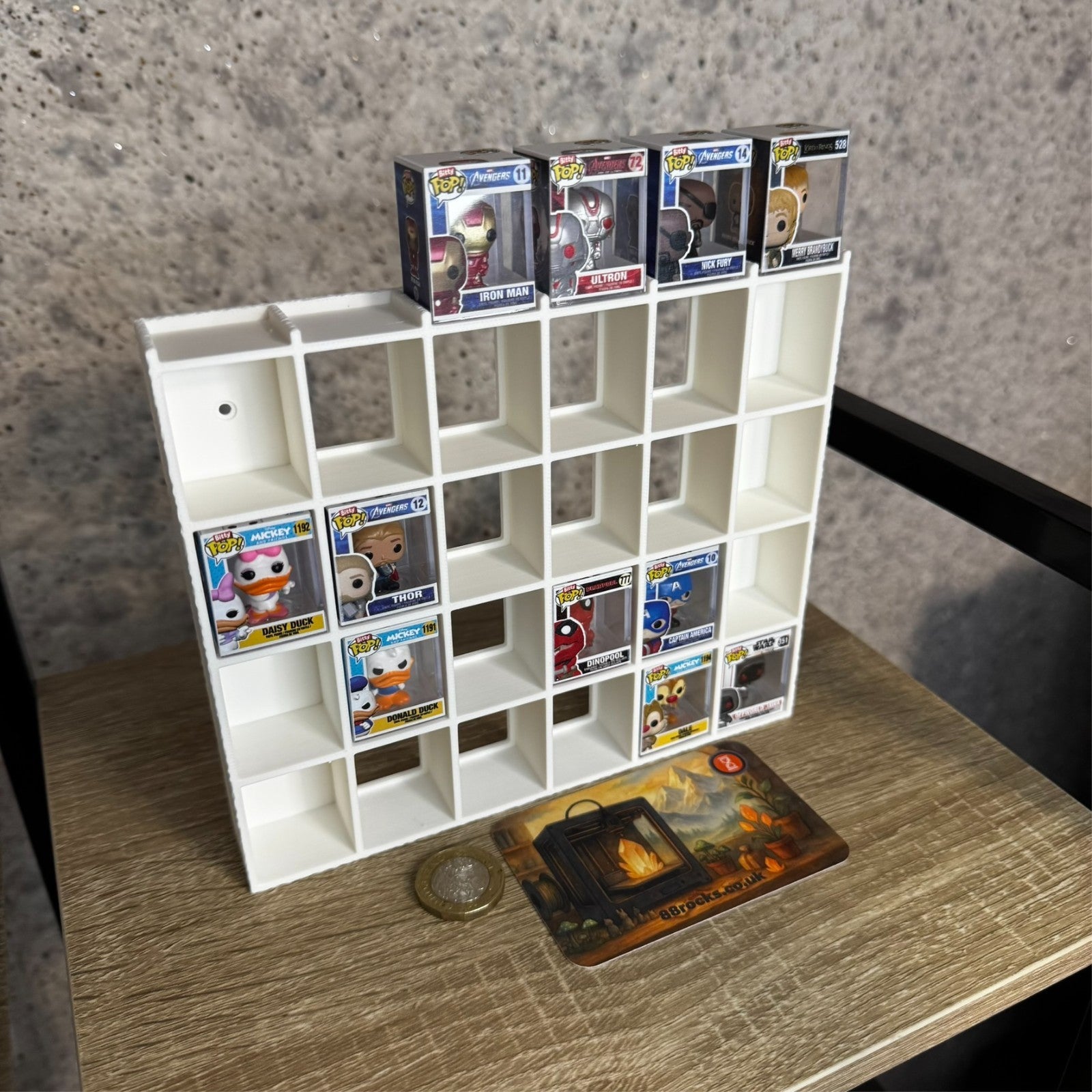 Shelf for Bitty Pop – Holds 30 Figures –White. Wall/Desk Display Stand