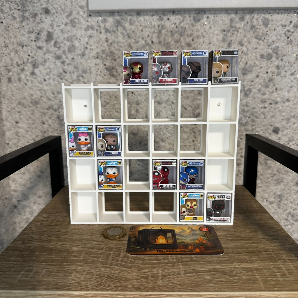 Shelf for Bitty Pop – Holds 30 Figures –White. Wall/Desk Display Stand