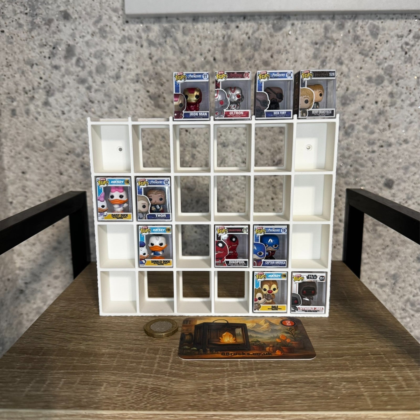 Shelf for Bitty Pop – Holds 30 Figures –White. Wall/Desk Display Stand