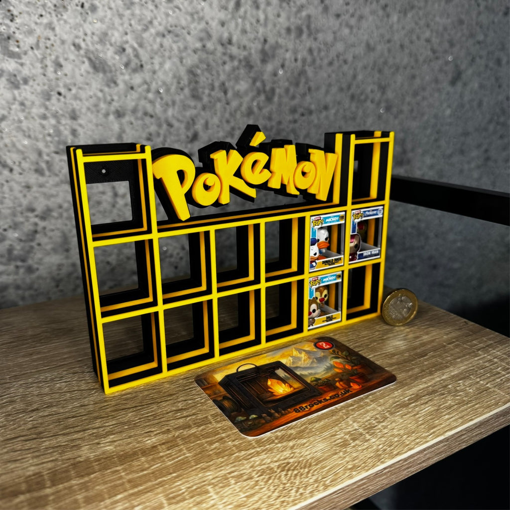 Display Shelf for Bitty Pop Pokemon theme black yellow 16 slots unit