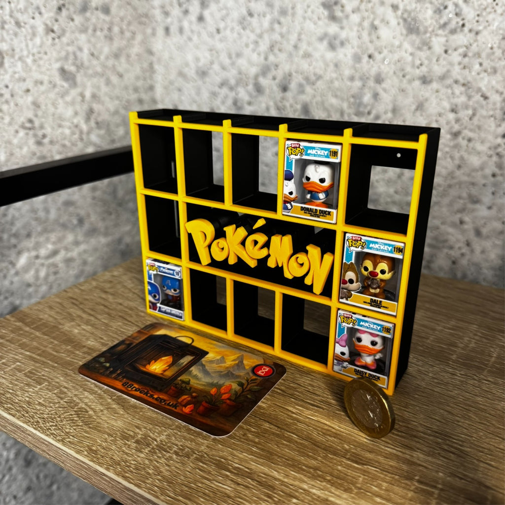 Display Shelf for Bitty Pop Pokémon theme 17 slots stand organizer black yellow