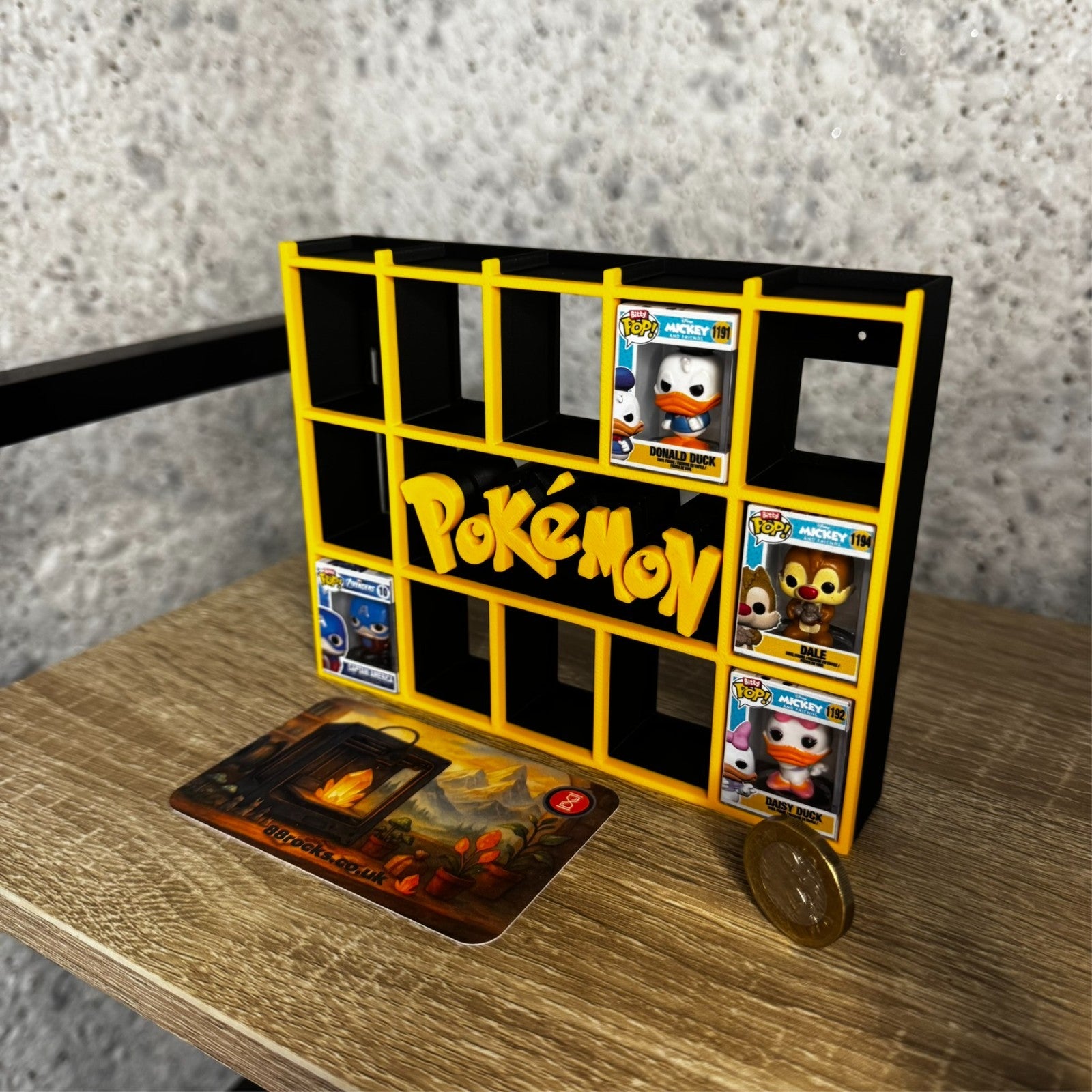 Display Shelf for Bitty Pop Pokémon theme 17 slots stand organizer black yellow