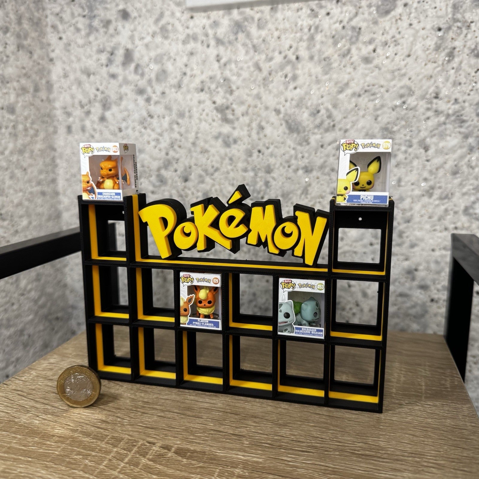 Display Shelf for Bitty Pop Pokemon themed yellow Black 16 slots unit organizer