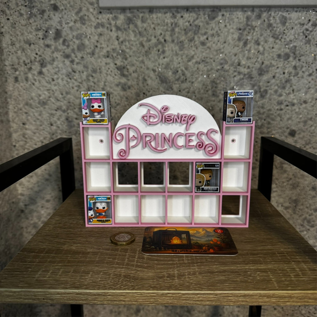 Display Shelf for Bitty Pop mini figures in Disney Princess theme pink white