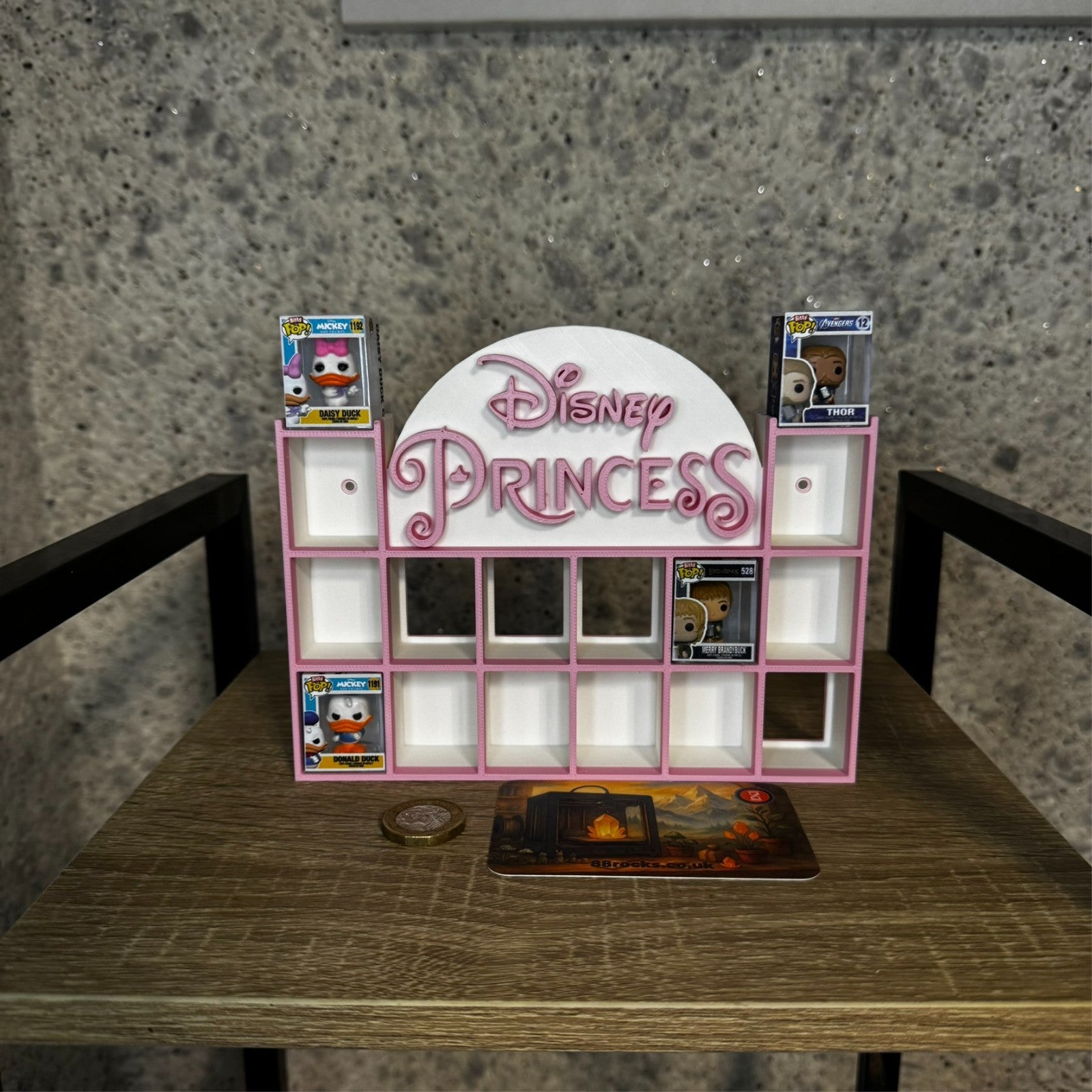 Display Shelf for Bitty Pop mini figures in Disney Princess theme pink white