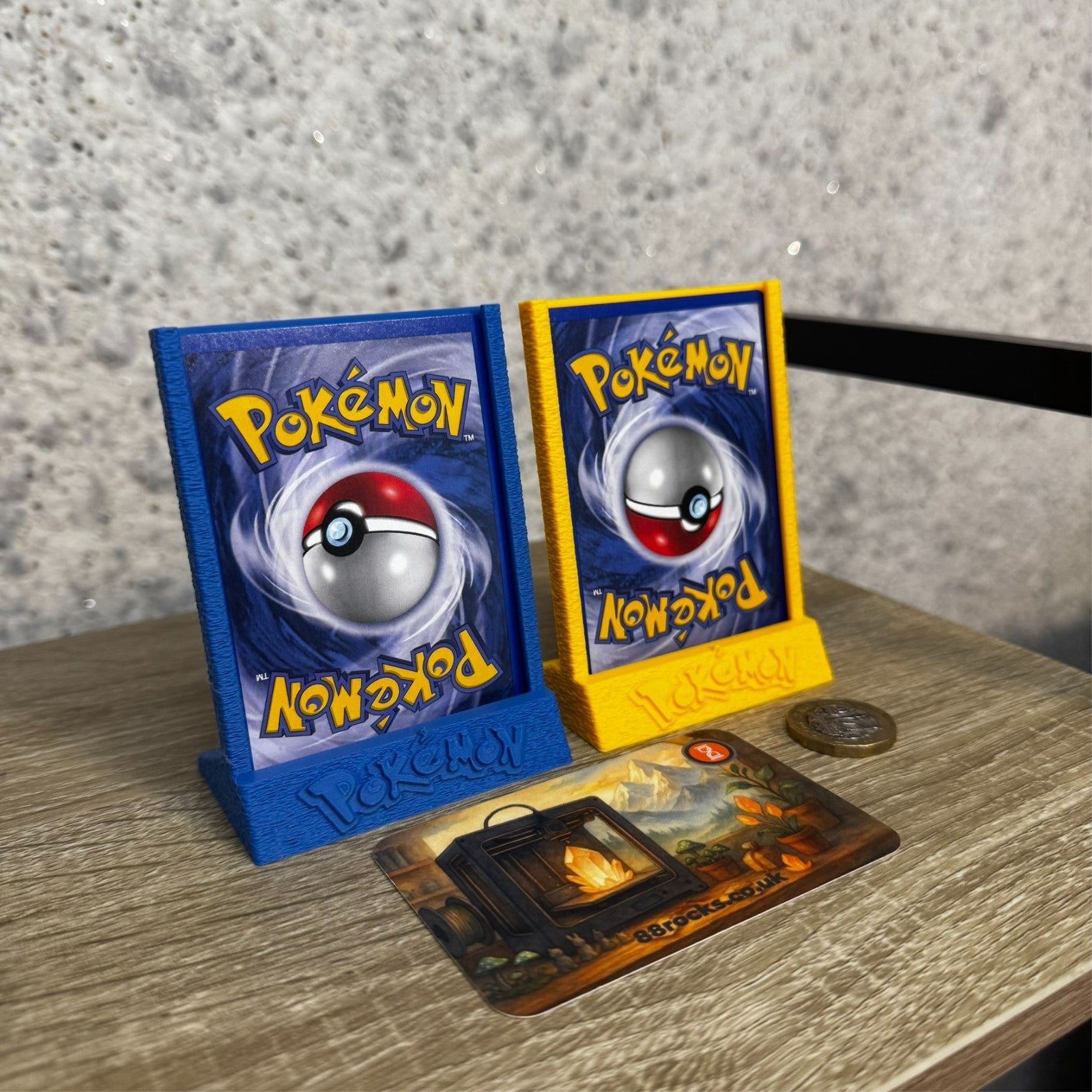 Set of 2 stands for collectible cards pokemon theme blue and yellow