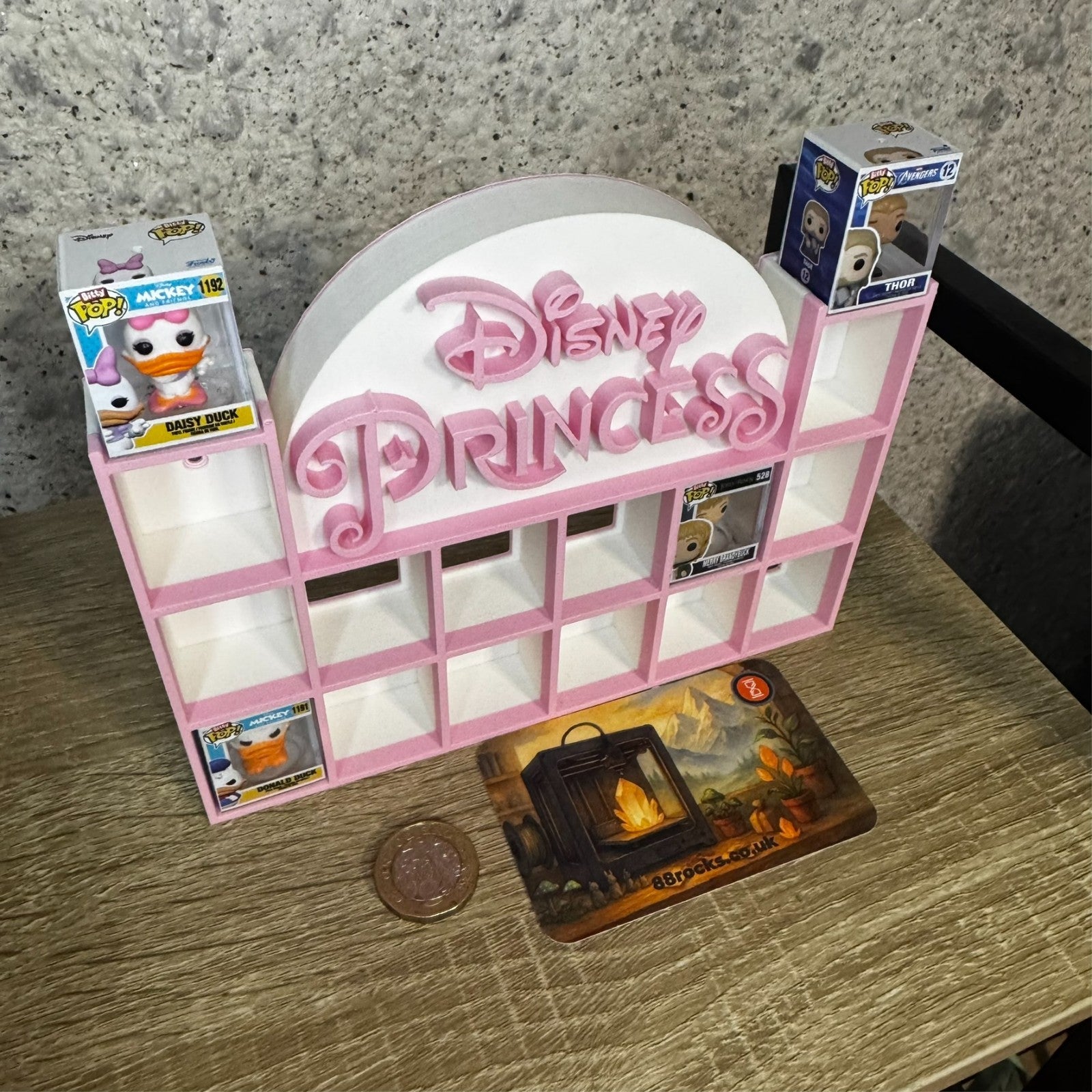 Display Shelf for Bitty Pop mini figures in Disney Princess theme pink white