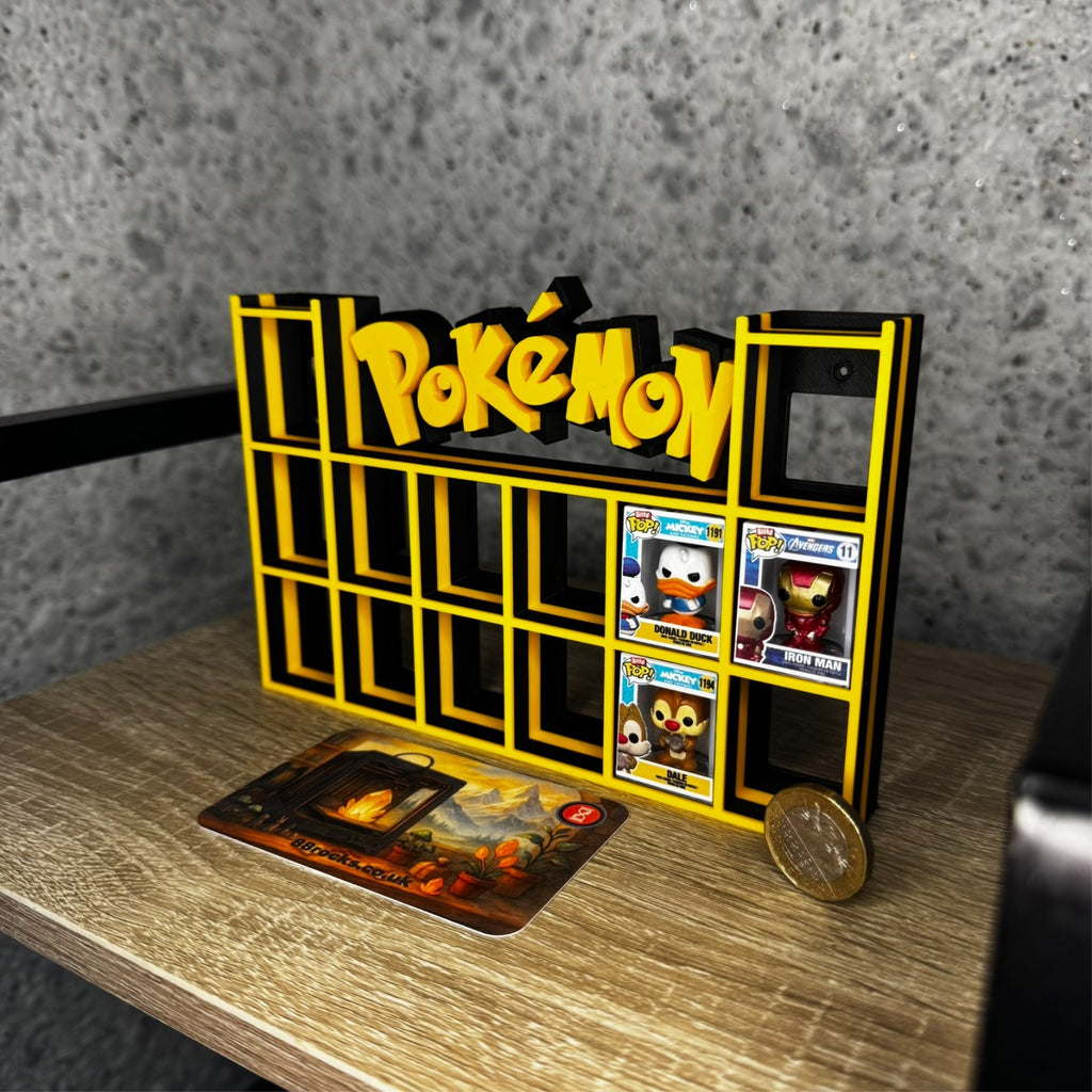 Display Shelf for Bitty Pop Pokemon theme black yellow 16 slots unit