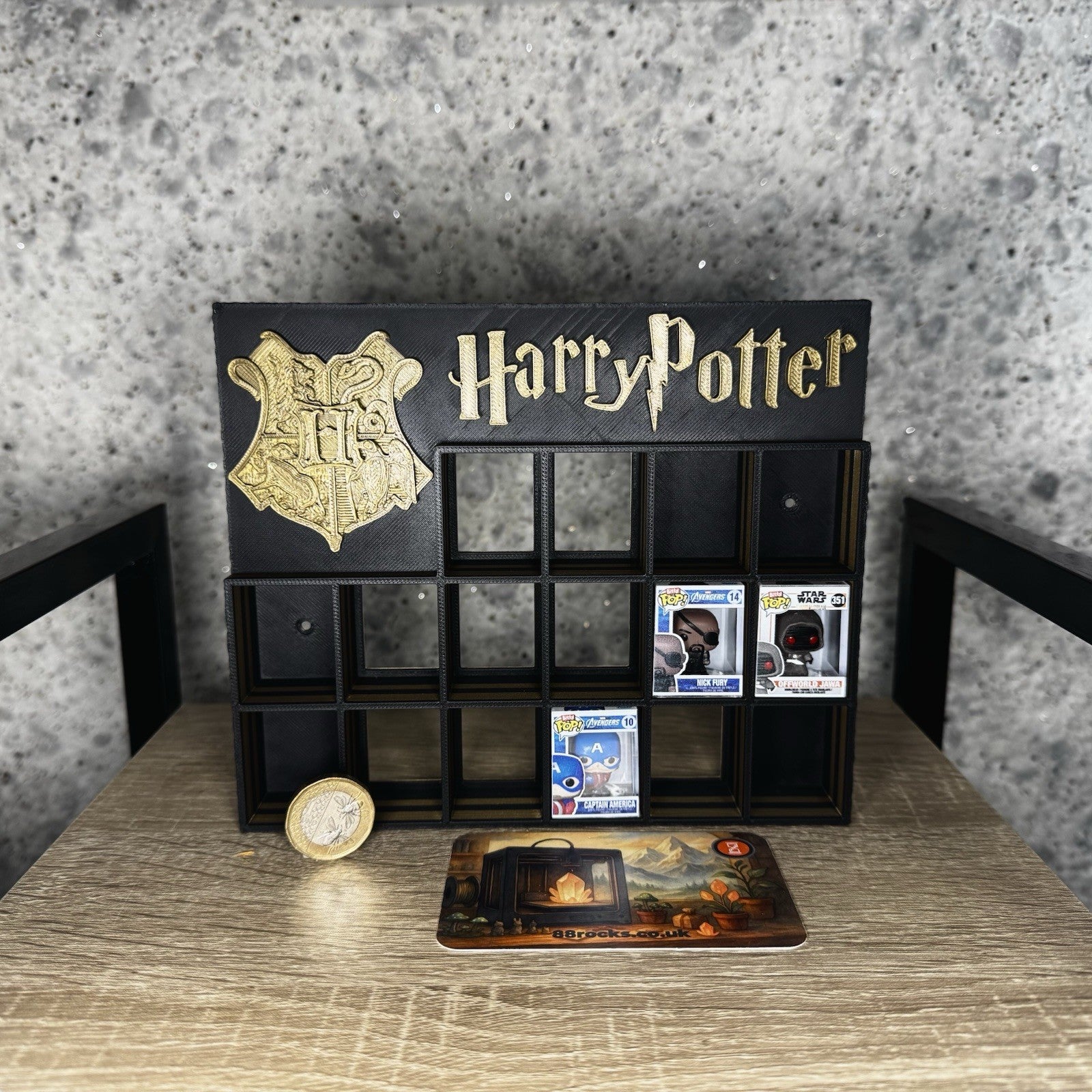 Display Shelf Organizer for 16 Bitty Pop boxes Harry Potter themed.