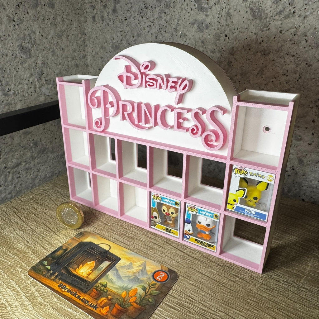 Display Shelf for Bitty Pop mini figures in Disney Princess theme pink white