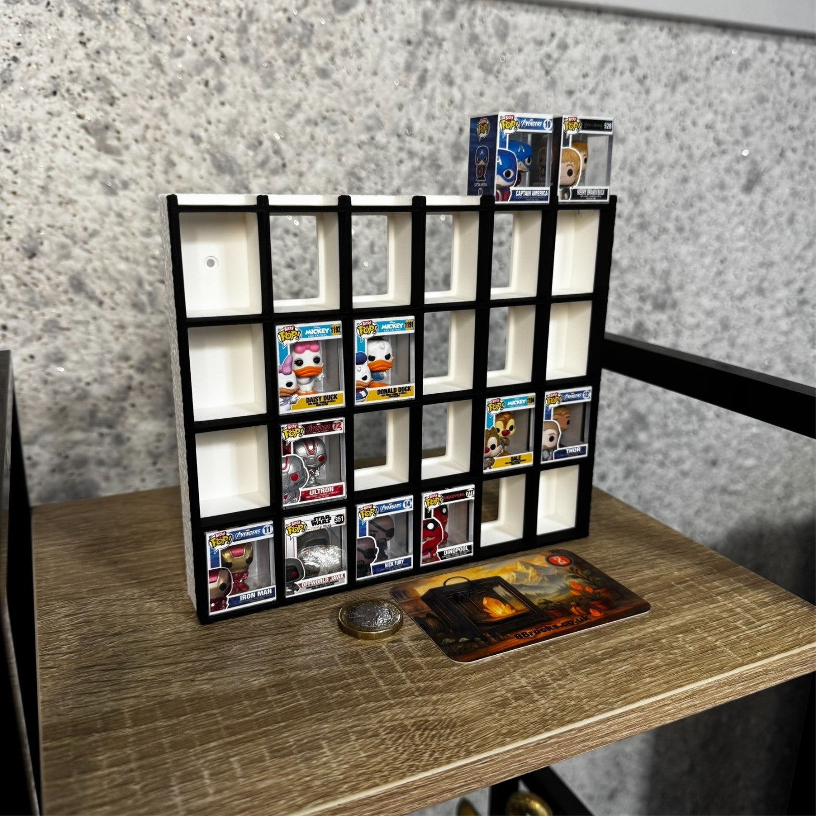 Shelf for Bitty Pop – Holds 30 Figures – White and Black Wall/Desk Display Stand