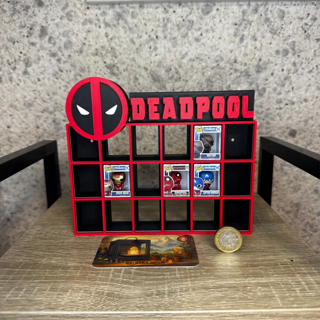Display Shelf for Bitty Pop mini figures in Deadpool theme 16 slots organizer