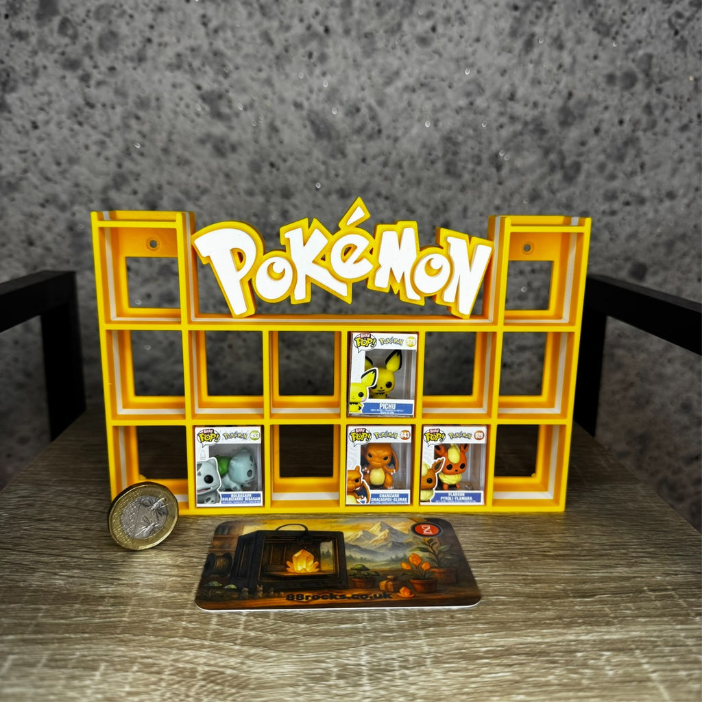 Display Shelf for Bitty Pop Pokemon themed yellow white 16 slots unit