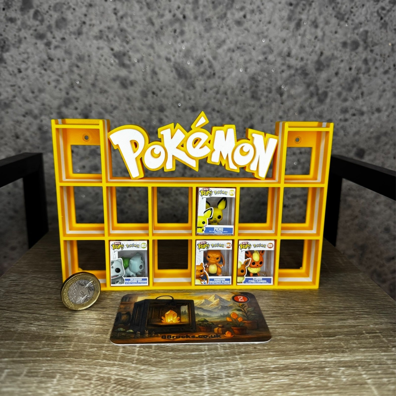 Display Shelf for Bitty Pop Pokemon themed yellow white 16 slots unit