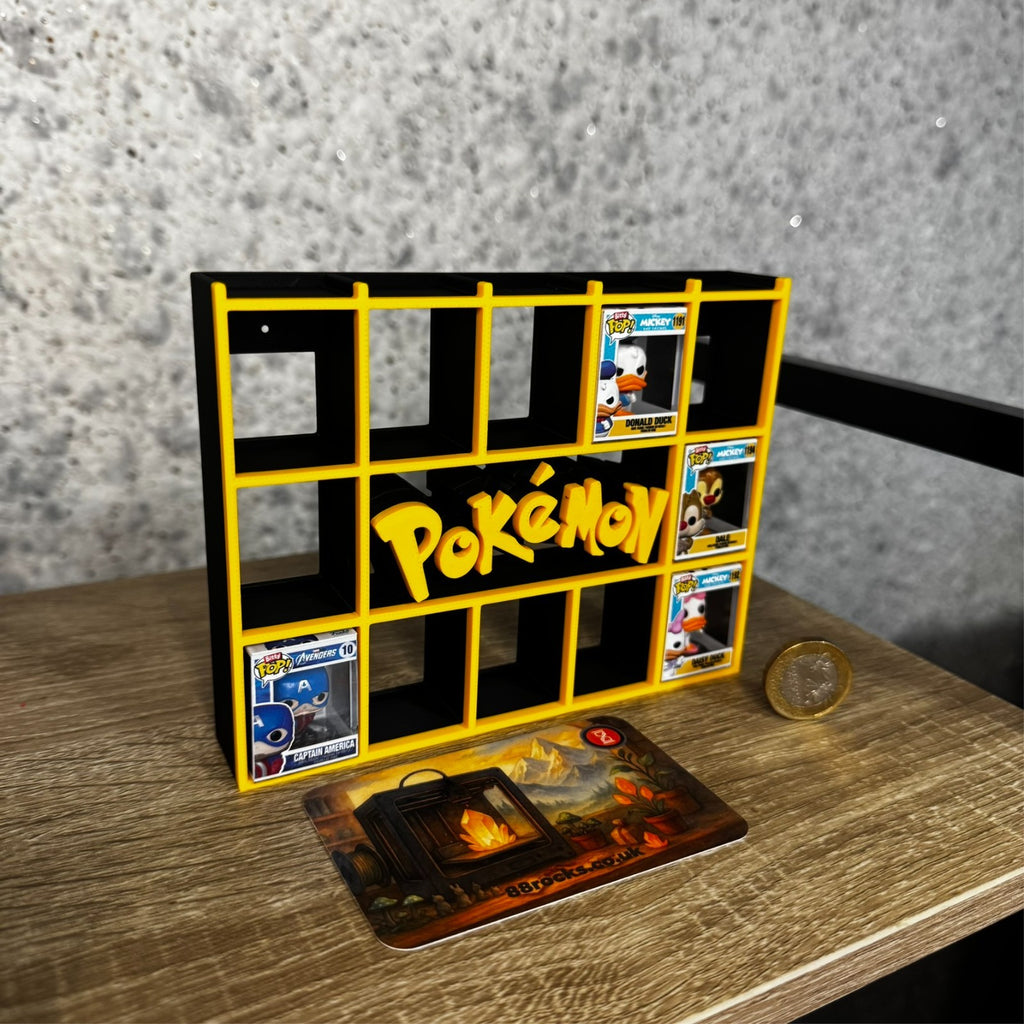 Display Shelf for Bitty Pop Pokémon theme 17 slots stand organizer black yellow