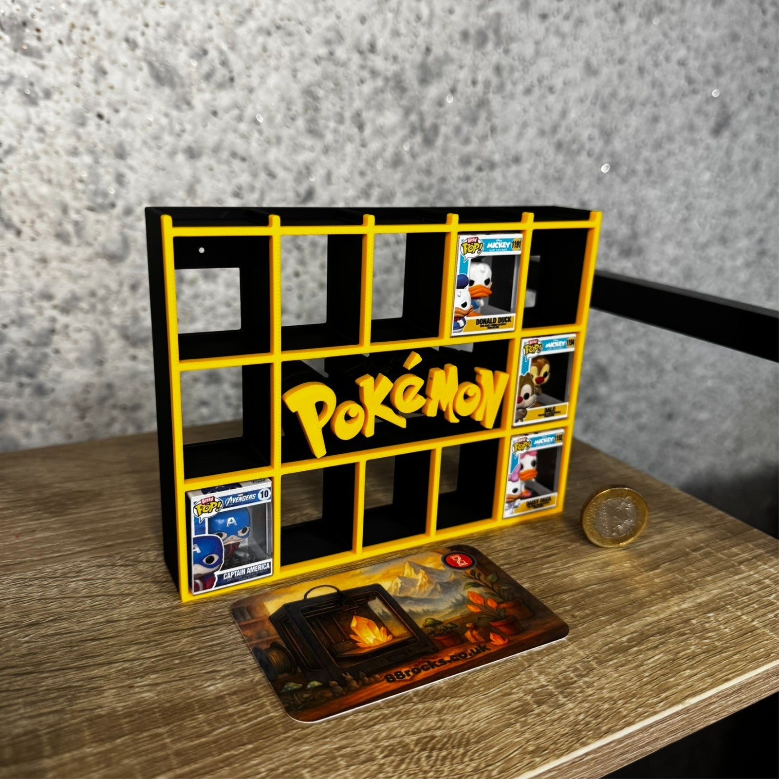 Display Shelf for Bitty Pop Pokémon theme 17 slots stand organizer black yellow
