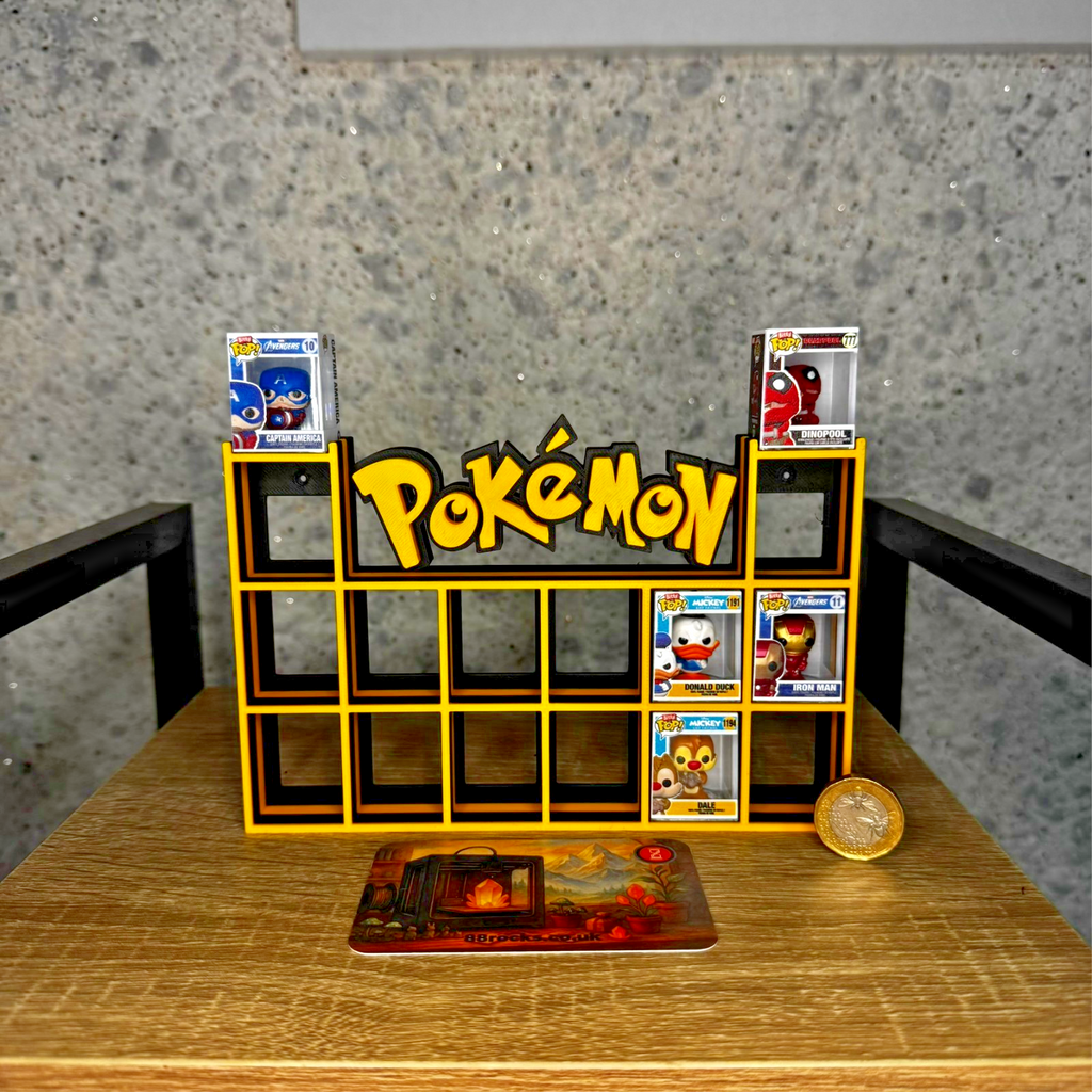 Display Shelf for Bitty Pop Pokemon theme black yellow 16 slots unit