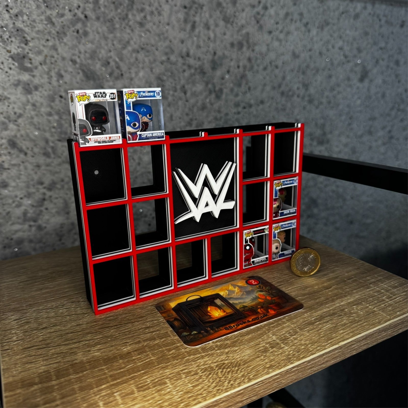 Display Shelf for Bitty Pop collection organizer in WWE themed design