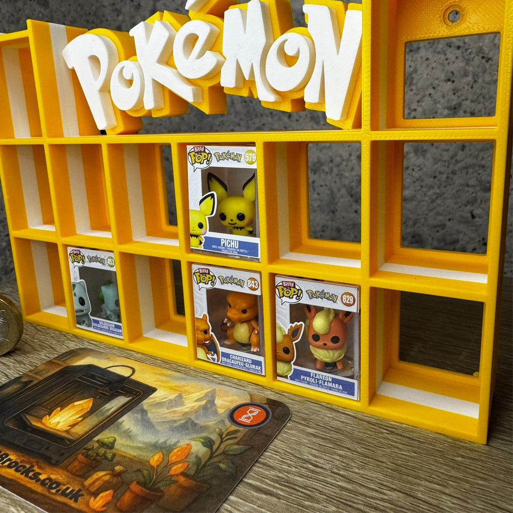 Display Shelf for Bitty Pop Pokemon themed yellow white 16 slots unit