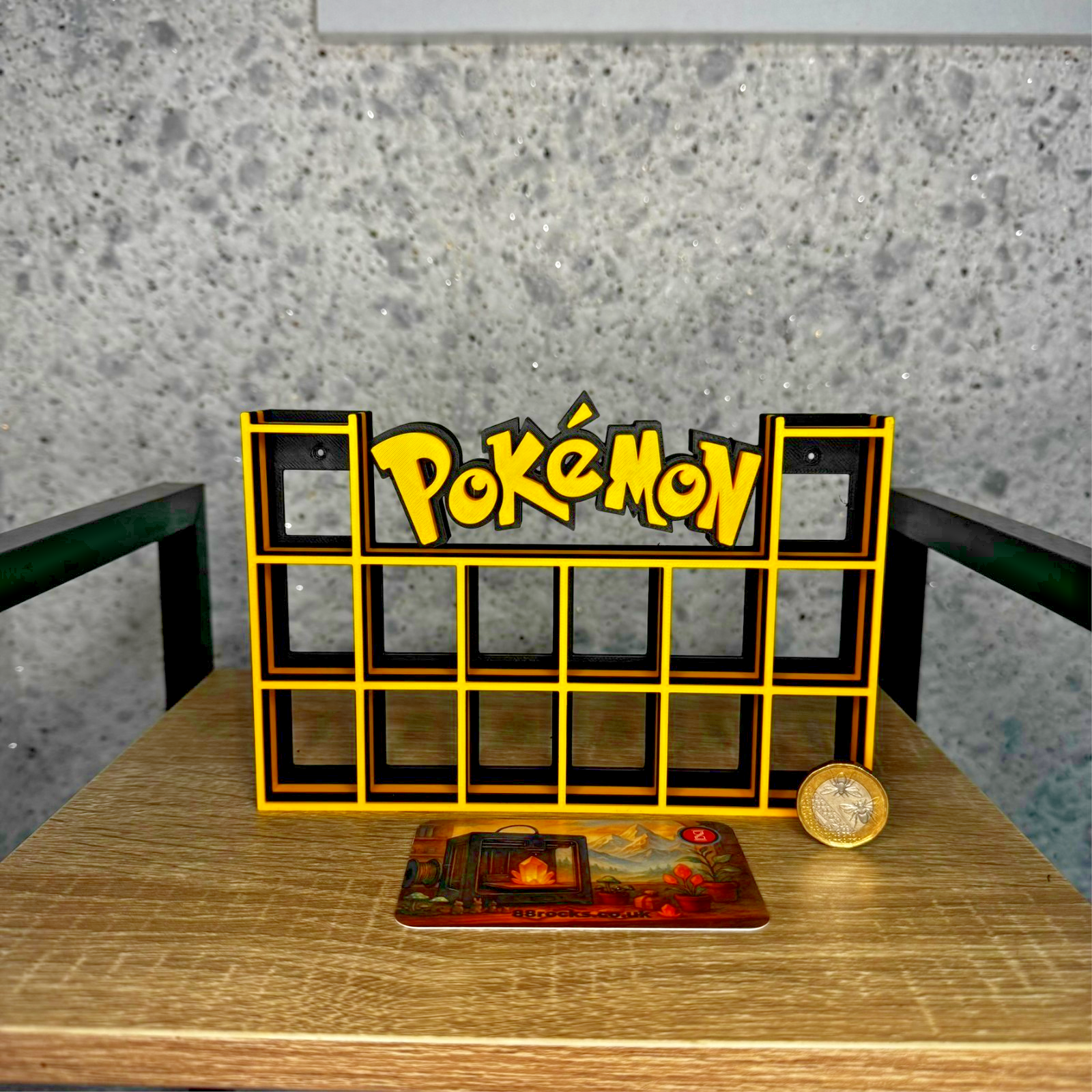 Display Shelf for Bitty Pop Pokemon theme black yellow 16 slots unit